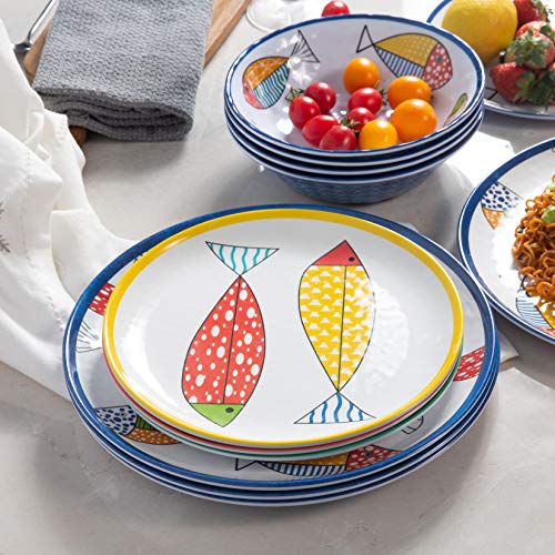 Image of Melamine Dinnerware Set for 4,12PCS Fish Plates and Bowls Sets | Coastal Dishes Great for Camper, RV, Indoors Outdoors Use with Ocean Printed, Unbreakable and Dishwasher Safe，Multicolor