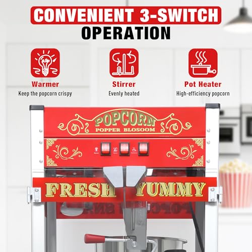 Image of 20 Oz Commercial Popcorn Machine with Cart (Red) - High Volume Popcorn Maker - Vintage Movie Theater Style Popper with Storage, Stainless Steel Serving Supplies for Business Use