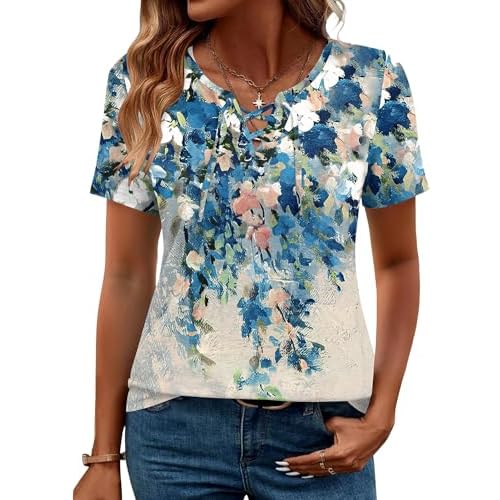 LOMON Womens Criss Cross Short Sleeve T-Shirts V-Neck Floral Summer Blouse Tops Oil Printing X-Large