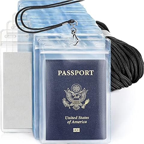 EcoEarth 4x6 Inch Plastic Card Holder and Lanyard Set (XXL, Clear Zippered Pouch, 5 PK), Passport Holder and Lanyard Set, Extra Large ID Name Badge with Black Lanyards Cover