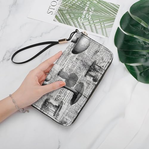 Vintage Mushrooms on Newspaper PU Leather Clutch Long Bifold Wallet, Coin Purse Credit Pass Case, Durable Card-Holder Money Storage for Women Men4