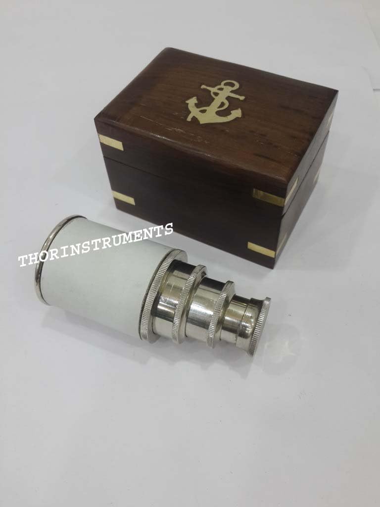 6" Chrome Finish White Leather Telescope w/Brown Wooden Box Gift Decor Rustic Vintage Home Decor Gifts