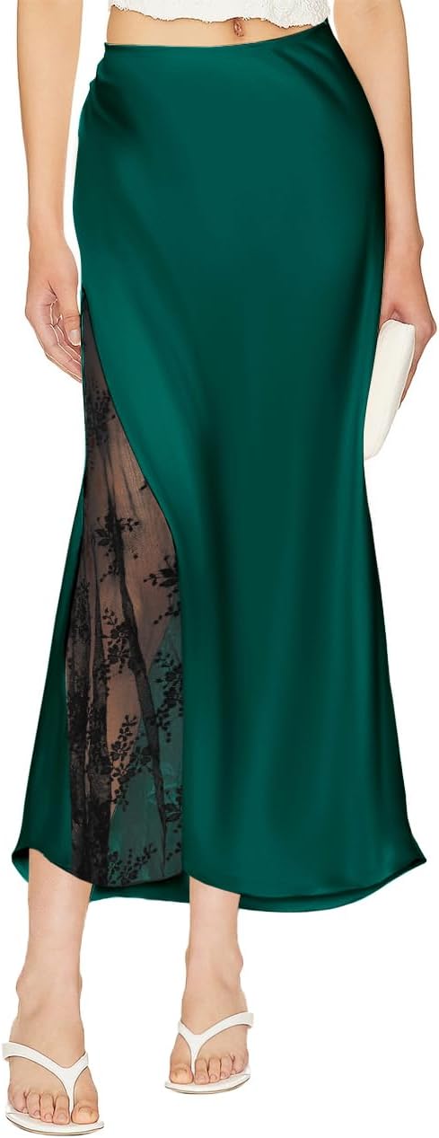 Women’s Satin Silk Skirts A Line Flowy Ruffle Floral Lace Splicing Cocktail Party Maxi Long Skirt