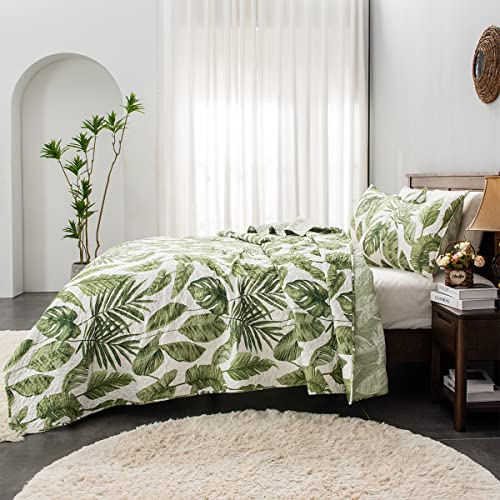 HORIMOTE HOME Tropical Plants Quilt Set Queen Size 3 Pieces, Green Palm Leaves Rainforest Style Fine Printed Reversible Bedspreads Bedding Sets, Soft and Lightweight Bed Coverlet for All Season by HORIMOTE HOME - Used condition - Image 6