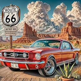 CXYQLC DIY 5D Diamond Painting Kits for Adults, Diamond Art Red Car on Route 66 Diamond Painting Full Drill Crystal Rhinestone Embroidery Craft Kits for Home Wall Decor Gifts 11.8x11.8inch