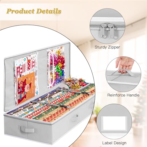 Criusia Gift Wrapping Paper Organizer Storage, Durable Underbed Storage Container Fits 24 Rolls, with Removable Dividers and Pockets for Ribbon, Ornaments, Holiday Accessories, Grey Criusia Gift Wrapping Paper Organizer Storage, Durable Underbed Storage Container Fits 24 Rolls, with Removable Dividers and Pockets for Ribbon, Ornaments, Holiday Accessories, Grey - Image 4