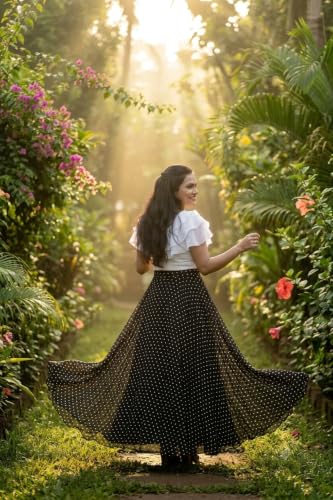 Image of Women's Lycra Top with Georgette Skirt | Polka Dot Print Long Flared Maxi | Full Length Flowy Skirt for Women | Stylish Casual Wear
