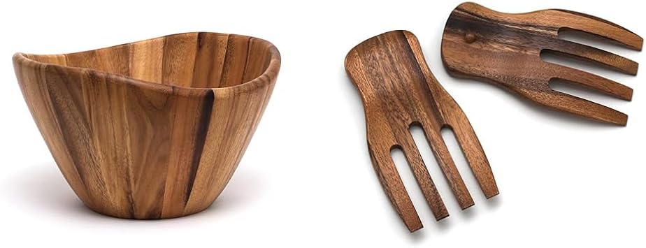 Lipper International Acacia Wave Serving Bowl for Fruits or Salads, Large, 12" Diameter x 7" Height, Single Bowl & Acacia Salad Hands, 3.75" x 7" x 1.88", One Pair