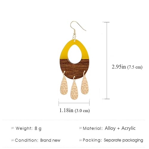 Miniatura 4 de Wooden Earrings for Women Girls Handmade Bohemian Retro Lightweight Wood Acrylic Resin Geometric Hollow Teardrop Metal Tassel Dangle Drop Statement