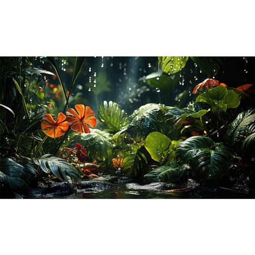 Image of Raining Jungle Leaves Aquarium Background Green Palm Leaf Fish Tank Background Tropical Leaf Nature Landscape Reptile Tank Backgrounds Foggy Misty Rainforest Reptile Enclosure Backgrounds 72x24in