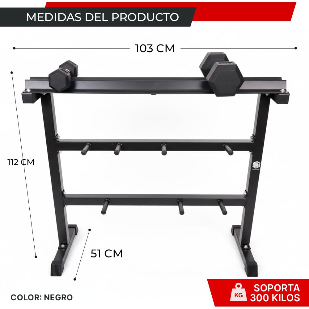 ManiBoom Soporte Mancuernas Casa de Acero 2 Niveles Horizontales + 2 Verticales - Organizador Gimnasio - Estante de Almacenamiento para Pesas Rusas, Barra Esterillas y Mancuerna - Mancuernero