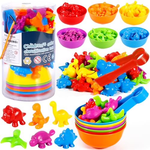 MOOING Farben Lernen ab 3-5Jahre, 48pcs Montessori Mathe Spielzeug, Motorikspielzeug Dinosaurier Zählen, Mathe Lernspielzeug mit Passenden Bechern Und Pinzetten, Jungen Spielzeug Geschenk