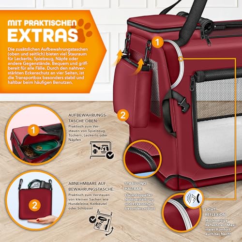 TRESKO® Hundebox faltbar inkl. Leckmatte, Spatel & Reflektoren M 61x42x42cm | Transportbox für Hunde und Katzen | Hundetransportbox Auto für kleine & große Hunde | Hundetasche robust Rot