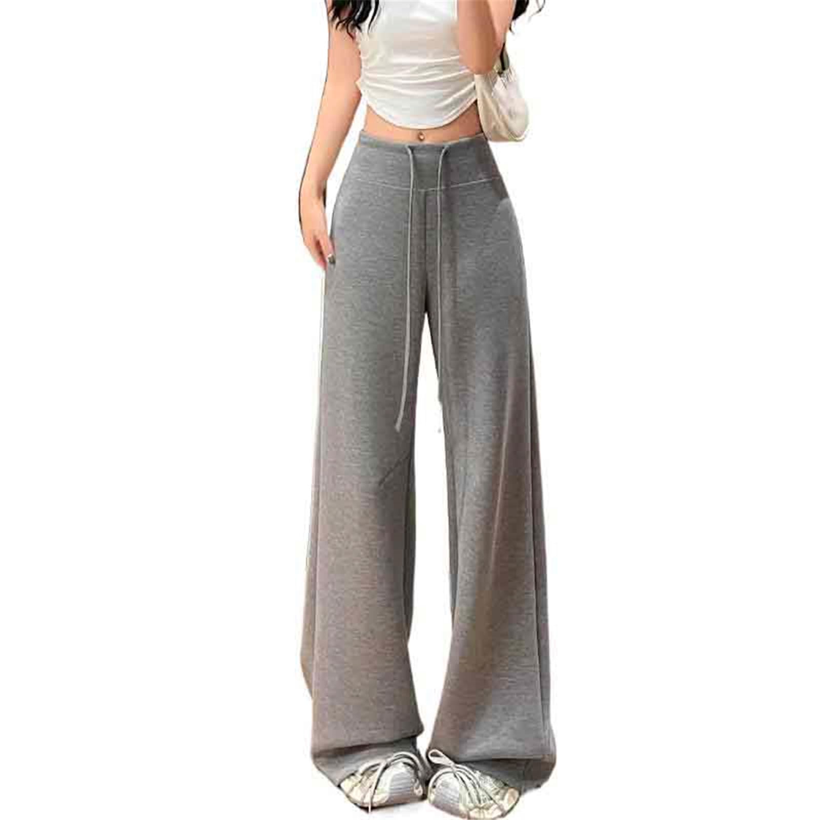 Womens Pants Summer White High-Waisted Loose Wide-Leg Trouser for Women-Grey-X-Small