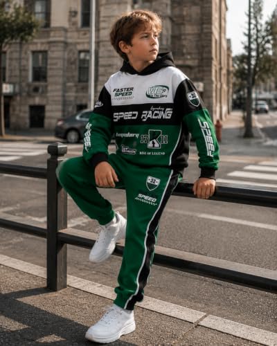 Image of Boy 2 Piece Outfits Long Sleeve Racing Hoodie Top and SweatPants Fall Winter Clothing Set Sizes 5-12 Years