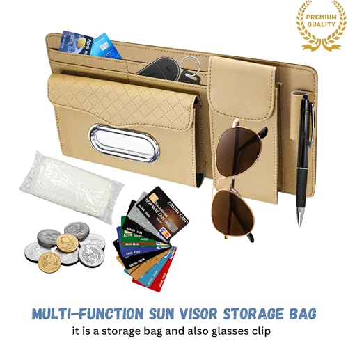 Image of DETACHI Car Sun Visor Organizer with Tissue Paper, Sunglass Pen Card Small Document Storage Pouch & PhoneHolder, Leatherette, Multi-Pocket with Zipper Net-(Beige, 18X3X37CM)