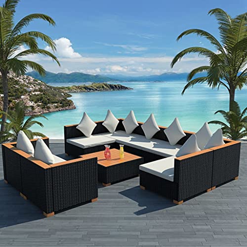Genérico Set de Muebles de jardín 9 pzas y Cojines ratán sintético Negro,Mobiliario,Muebles de jardín,Conjuntos de jardín-42752