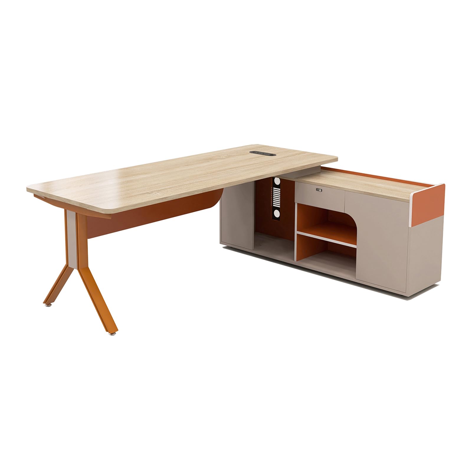 Scrivania direzionale moderna con prese integrate, cassetto di sicurezza per scrittura e raccoglitore laterale, slot per unità di lavoro professionale (140 x 70 cm, C (destra))