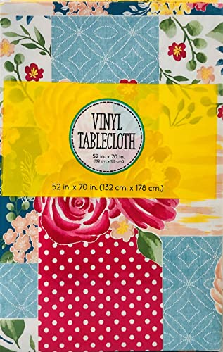 Mainstream International Vivid Springtime Peony Floral Patchwork Vinyl Flannel Back Tablecloth (52 X 70 Oblong), Red, Blue, Yellow, Pink, Green, White #TOP4