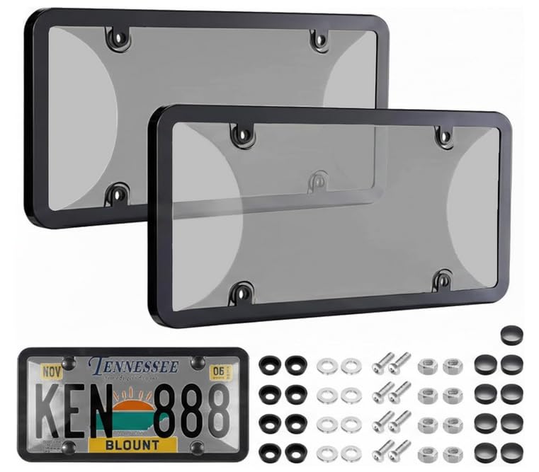 Image of License Plate Protector 2PCS, Clear License Plate Cover & Frames, Rust-Proof Auto Car License Plate Covers and Frames Holder with Screws & Caps, Universal Tag Cover for License Plate (Black)