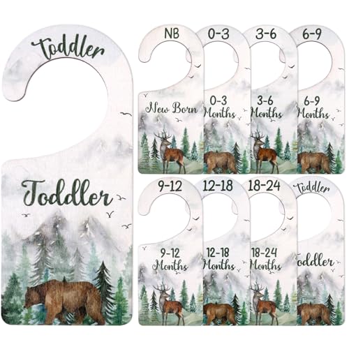 Image of CORNER LACE Baby Closet Dividers 8PCS, Mountain/Forest/Adventure Theme Wooden Double-Sided Clothes Size Hanger Organizer from Newborn to Toddler for Nursery Decor Baby Shower Birthday Gift