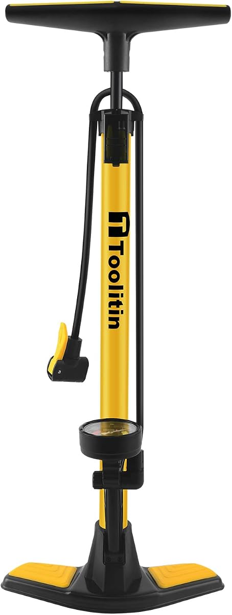 TOOLITIN Bomba de piso para bicicleta con manómetro, alta presión, bomba de bicicleta compatible con válvula Presta y Schrader, bomba de neumáticos para bicicleta de carretera, MTB, híbrida, bolas
