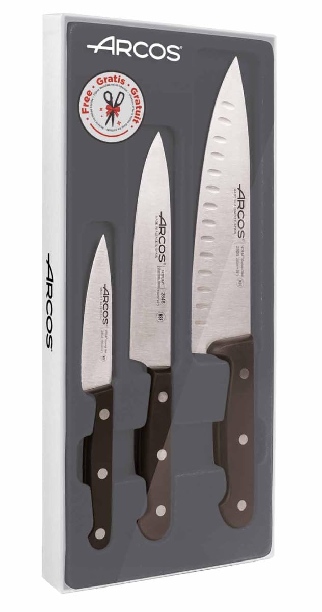 Arcos Serie Universal - Juego de Cuchillos de Cocina de 4 piezas (3 Cuchillos Cocineros + Tijeras) - Hoja de Acero Inoxidable NITRUM - Mango de Polioximetileno (POM) - Color Negro