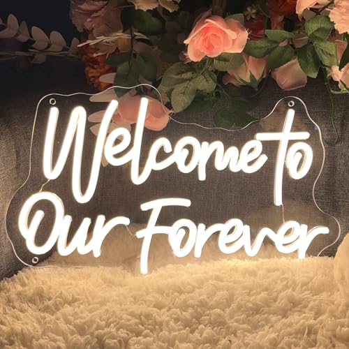 Image of Welcome To Our Forever Neon Sign for Wall Decor Wedding Light Up Neon Sign Indoor Bedroom Home Decor LED Neon Signs Large Backdrop Flex Christmas Living Room Girls Boys Gift,USB Warm White 40x23.8 CM