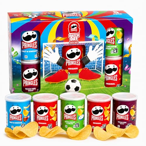 Assorted Pringles Crisps Multipack Box - Match Day 5 x 40g Pringles Multipack Tins - Includes 2 Original 1 Texas BBQ 1 Salt & Vinegar 1 Sour Cream & Onion WorldCup Football Snack Hamper Gift Set