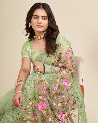 Image of VAIRAGEE Women's Beautiful Soft Net Embroidery Saree With Unstitched Blouse 6079
