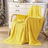 Lynnlov 100% Cotton Cable Knit Throw Blanket for Couch 50' x 60', Ultra Soft Cozy Chic Trave Knitted Blankets for Bedroom Living Room, Decorative Lightweight Woven Blanket for Sofa Chair, Yellow
