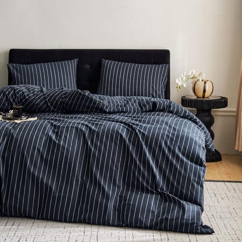 Image of Wake In Cloud - Striped Cotton Duvet Cover Set, Ticking Stripe Vertical Pinstripe Farmhouse, 100% Washed Cotton Textured Bedding Set, 3 Pieces, Navy Blue, King Size