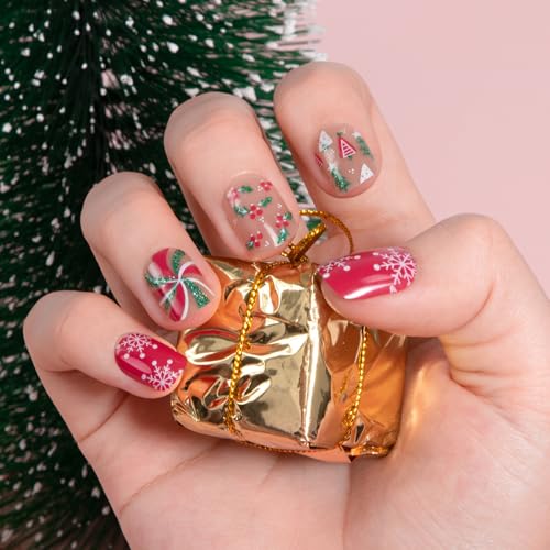 Ranrose Christmas Press On Nails Square - 24pcs Short Nail Tips Square for Acrylic Nails Professional - Christmas Fake Nails 10 Sizes, Nail File&Adhesive Tabs