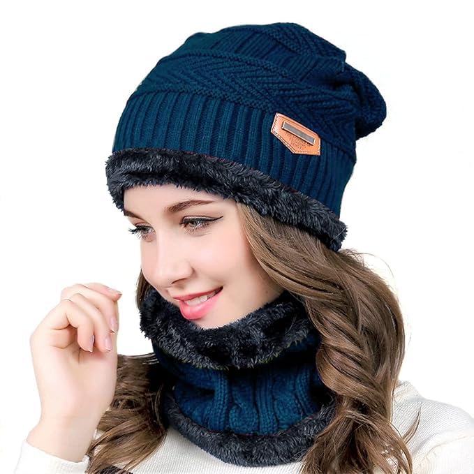 Bon KRUPA Winter Woolen Cap with Neck Warmer | Warm Fleece Lined Beanie & Muffler Set for Men & Women | Soft Thermal Protection | Black-image-7