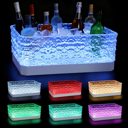 LED Light Up Plastic ice buckets for parties 15L large Clear beverage tub 7-color LED light ice buckets For Champagne Beer Cocktails Family Gathering Bar Nightclub Essential (Ice Texture) by VONTIQUE - Used condition - US$58.04