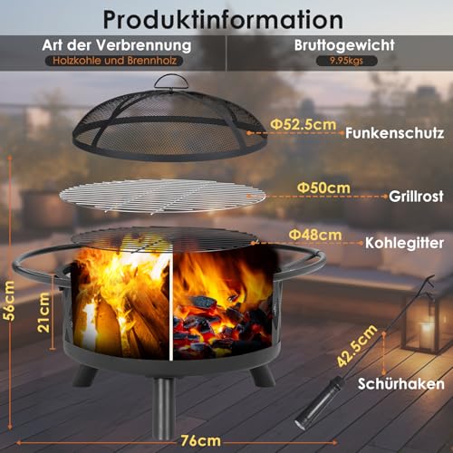 Feuerschale, Ø 76cm Feuerkorb mit Funkenschutz und Schürhaken, Feuerschalen für den Garten Groß, Feuerstelle mit Grill, BBQ Feuerstelle Outdoor, Retro-Look Fire Pit, Multifunktional Feuerkorb – Bild 4