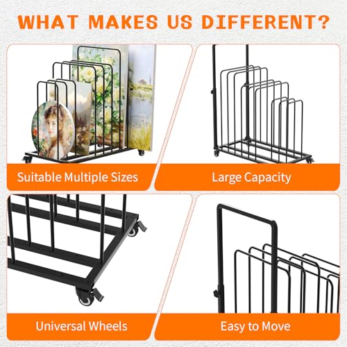 Image of ikare Art Canvas Storage Rack, Black Art Canvas Storage Rack,Art Storage,Metal Canvas Rack Art Storage with Handle & Caster Wheels