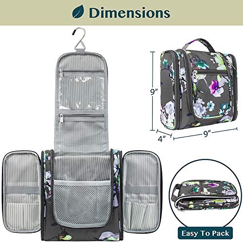 Pavilia Toiletry Bag Travel Bag For Women Men, Hanging Cosmetic Organizer, Water Resistant Makeup Bag For Accessories Toiletries, Large Travel Essentials Kit (Floral Grey) #TOP1