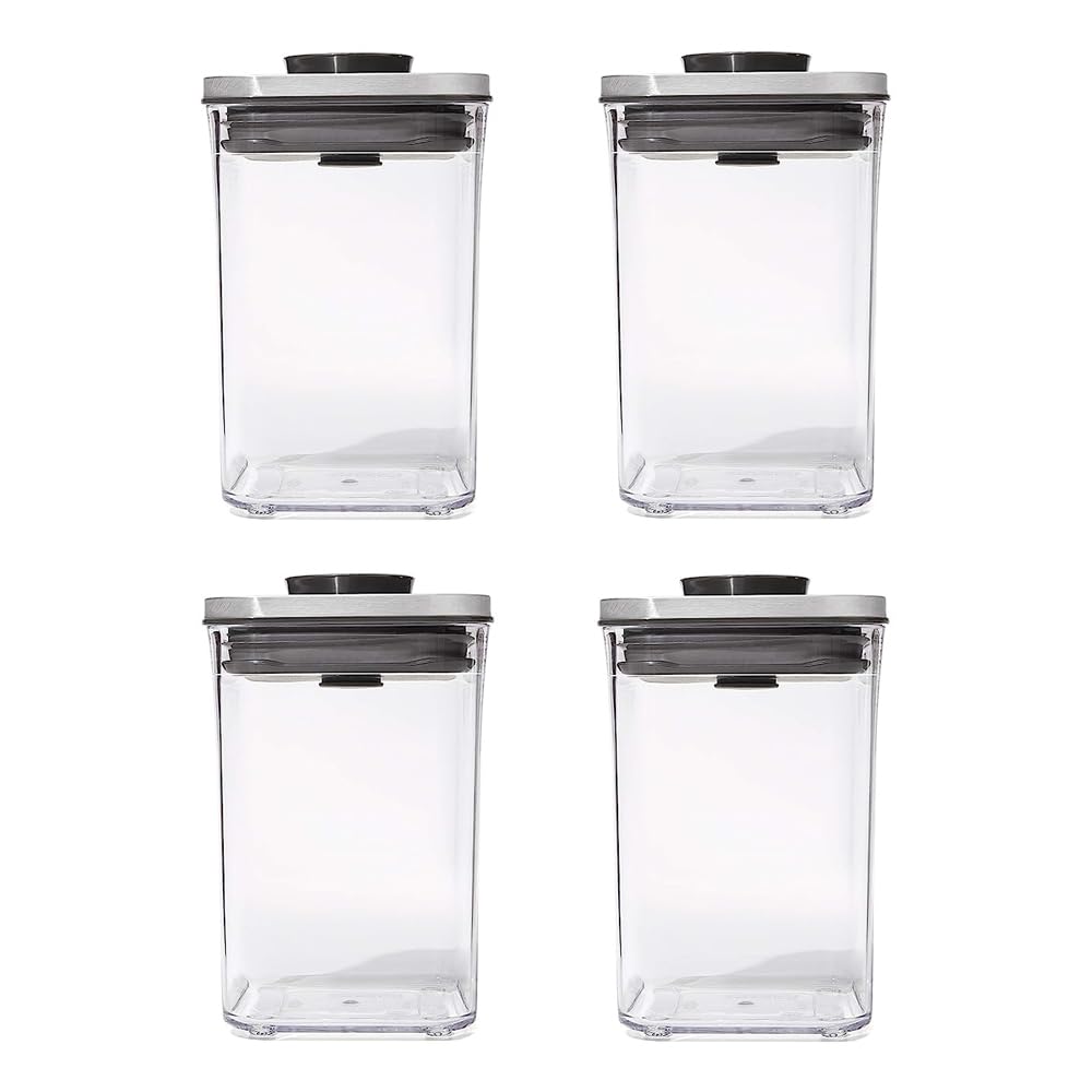 OXO Steel POP Container Small Square Short - 1.1 Qt/1 L (Pack of 4) Airtight Food Storage for Brown Sugar, Tea, Grey