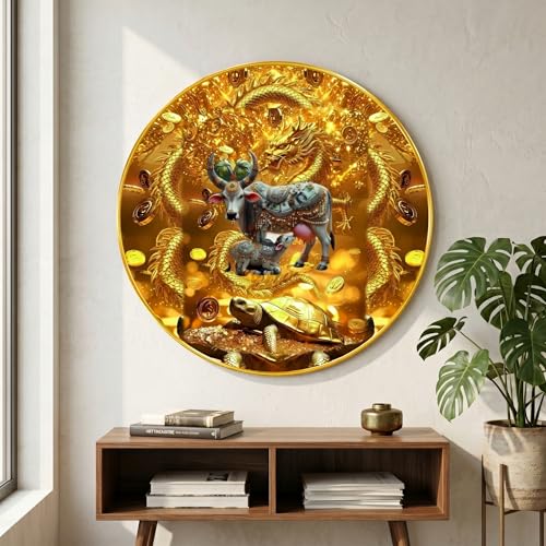 Image of SAF Kamdhenu Cow Wealth Painting with Golden Dragon Round PVC Frame Spiritual Feng Shui Wall Decor for Home Living Room Office Prosperity Luck Artwork (16 x 16 Inch) GRM-381