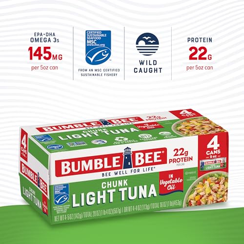 Image of Bumble Bee Chunk Light Tuna In Oil, 5 oz Cans (Pack of 8) - Wild Caught Skipjack Tuna - 22g Protein Per Serving - MSC Certified Sustainable Seafood, Non-GMO, Gluten Free, Kosher