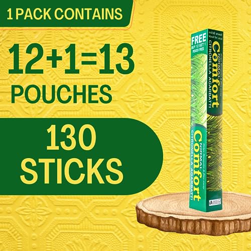 Image of Nirmal Comfort 130 Citronella Natural Incense Sticks, Mosquito Repellent Pack(12+1=13 Pouches | 130 Organic Agarbatti Sticks | Fragrance- Citronella) | Handrolled | 100% Organic I Mosquito Sticks