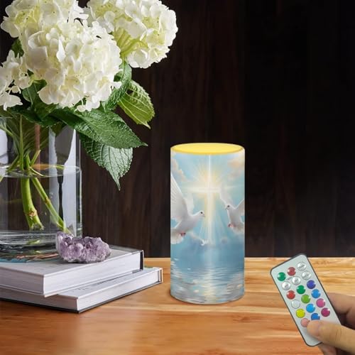 Image of Poceacles Dove of Peace Cross Print Blue Flameless Candle Electric LED Lights with Timer Remote Color Lights, 3 AAA Batteries Operated (Not Include) Tealight for Home Indoor Decor