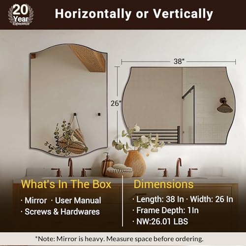 Image of ANDY STAR 26 inchx38 inch Scalloped Mirror for Bathroom，Brushed Bronze Rectangle Wall Mirror with Curved Edge Stainless Steel Metal Frame, Wall-Mounted Mirror for Bathroom, Entryway, Living Room