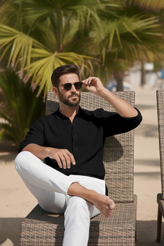Image of Men's Cotton Blend Short Kurta with Collared Neck Full Sleeves Solid Pattern Western Style Regular Fit and Standard Length