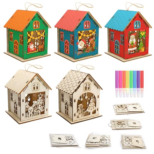 Lezehea 5 Pièces Bricolage bois pour Enfant Kit,Maison de Noël en bois et 8 stylos aquarelle,DIY Activité Manuelle Décoration, pour Décoration Sapins de Noël Fenêtres Portes Plafonds