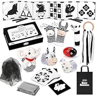 Joyreal Baby Sensory Toys, 13 Pcs Black and White Sensory Toys 0-6 Months, Foil Blanket, Sensory Cards, Baby Rattles, Ribbon Ring, Scarf, Maracas