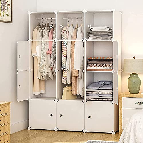 Aeitc Portable Wardrobe Closet Cube Storage Storage Organizer with Doors Bedroom Armoire Visibility Wardrobe， White,12 Cube+2 Hangers