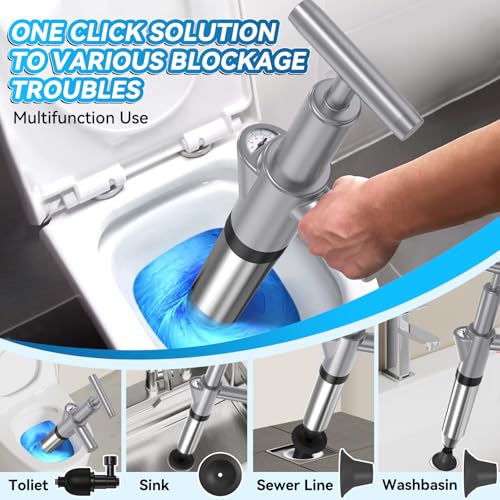 Image of Toilet Plunger, Upgraded High Pressure Toilet Plunger Air Plungers Sink Plunger with Visual Barometer, Stainless Steel Air Drain Blaster, Powerful Drain Clog Remover for Bathroom,Kitchen,Clogged Pipe