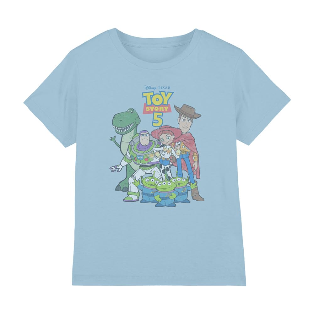 Disney Toy Story 5 Character Group Logo Faded Kids T Shirt, Light Blue, 5-6Y